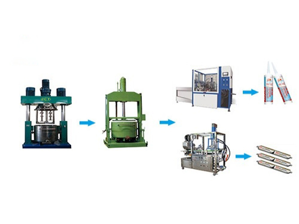 Ligne de production d'adhésifs silicones neutres transparents et acides pour le verre